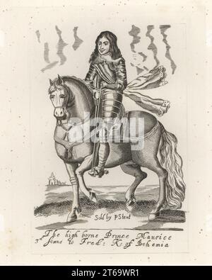Maurizio, Principe Palatino del Reno, 1621-1652. Combatté nella guerra civile inglese dalla parte realista. A cavallo, in costume da armatura con collare e fascia. Principe Maurizio, terzo figlio maschio di Federico V, re di Boemia. Da una stampa equestre unica nel Clarendon di Earl Spencer, venduta da Peter stent. Incisione su lastra di rame dalla Samuel Woodburns Gallery di ritratti rari costituiti da piastre originali, George Jones, 102 St Martins Lane, Londra, 1816. Foto Stock