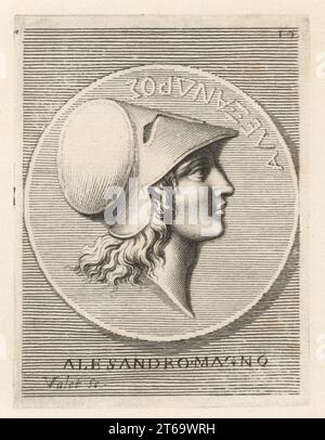 Ritratto di profilo di Alessandro Magno, Alessandro III di Macedonia, 356 323 a.C., re dell'antico regno greco di Macedonia. Indossa un casco corinzio senza cresta o corona. Da una moneta d'argento nella collezione di Gio. Pietro Bellori. Alessandro Magno. Incisione su lastra di Guillaume Vallet su Giovanni Angelo Canini di Iconografia, cioe disegni d'imagini de famosissimi monarchi, regi, filososi, poeti ed oratori dell'Antichita, disegni di immagini di famosi monarchi, re, filosofi, poeti e oratori dell'antichità, Ignatio deLazari, Roma, 1699. Foto Stock