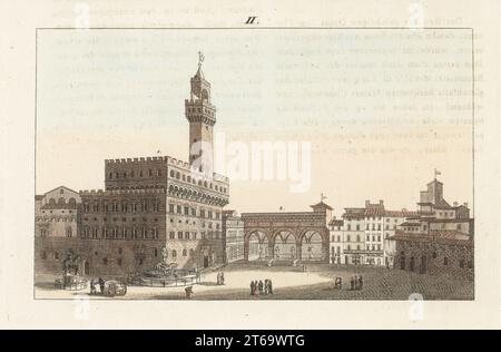 Vista di Palazzo Vecchio o Palazzo Vecchio in Piazza della Signoria, Firenze. Con la Loggia dei Lanzi che espone statue di Donatello, Cellini, fontana di Nettuno, ecc. Der alte Pallast mit seinem Umgebungen, le Vieux Palais avec ses alentours. Incisione in copperplate a mano da Carl Bertuch's Bilderbuch fur Kinder (Picture Book for Children), Weimar, 1812. Un'enciclopedia in 12 volumi per bambini illustrata con quasi 1.200 tavole incise su storia naturale, scienza, costume, mitologia, ecc., pubblicato dal 1790-1830. Foto Stock