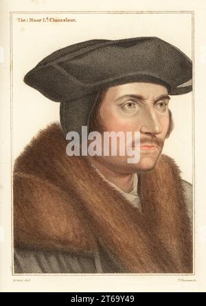 Sir Thomas More, Lord Cancelliere di re Enrico VIII, avvocato inglese, autore, statista (1478-1535). Tho: Moor Ld. Chancelour. Incisione su copperplate colorata a mano di Thomas Cheesman su un ritratto di Hans Holbein il giovane da imitazioni di disegni originali di Hans Holbein, John Chamberlaine, Londra, 1812. Foto Stock