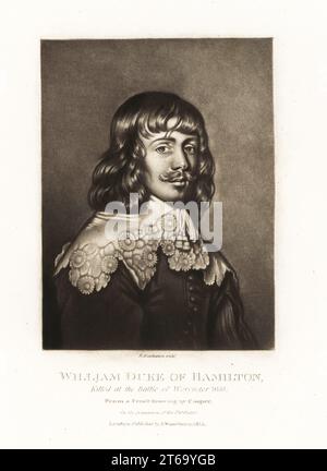 William Hamilton, II Duca di Hamilton, 1616-1651, nobile scozzese che sostenne sia le cause Royaliste che presbiteriane. Ucciso nella battaglia di Worcester, 1651. Incisione a mezzotinta di Robert Dunkarton dopo un disegno a matita di Samuel Cooper di Richard Earlom e dei ritratti di personaggi di Charles Turner Illustrious in British History incisi in Mezzotinto, pubblicato da S. Woodburn, Londra, 1815. Foto Stock