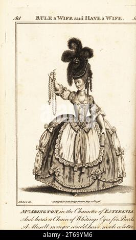 La signora Francis Abington o Fanny Abington nel personaggio di Estifania in John Fletchers regola una moglie e ha una moglie. Incisione a piastra di rame su un'illustrazione di James Roberts del Bells British Theatre, composta dalle più stimate opere teatrali inglesi, John Bell, Londra, 1780. Foto Stock