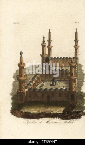 La Cupola Verde, o al-Qubah al-Khadra, nella Moschea del Profeta, al-Masjid al-Nabawi a Medina, Arabia Saudita. La tomba di Mahomet a Medina. Sepoloro di Maometto a Medina. Incisione a mano di G. B. marchi di Giulio Ferrarios Costumi antichi e moderni dei popoli del mondo, il Costume Antico e moderno, Firenze, 1847. Foto Stock