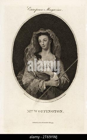 Margaret PEG Woffington (1717-1760), attrice e cantante irlandese. Celebrata per la sua bellezza e spirito, famosa per le sue performance con l'attore-manager David Garrick, famosa per il suo combattimento con Catherine Clive. Raffigurata come una pastorella con un bastone nella sua mano destra. Ritratto ovale incisione su copperplate da un dipinto di John Giles Eccardt in possesso di Charles Bedford Esq., inciso da Pearson, pubblicato sulla rivista europea, J. Sewell, Cornhill, Londra, 1795. Foto Stock