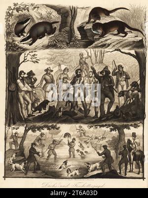 Partiti europei di caccia per tasso e lontra, 19th ° secolo. Un gruppo di cacciatori con i leoni che scavano un tasso dalla sua setacciata, e cacciatori con una lontra speared in un fiume. Top: Tasso europeo, Meles meles, lontra eurasiatica, Lutra lutra, con pesce. Dachs- und Fischotterjagd. Litografia colorata a mano da Das Buch der Welt di Carl Hoffmann, Book of the World, Stoccarda, 1848. Foto Stock