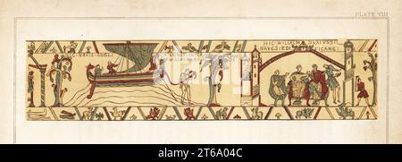 Re Harold d'Inghilterra invia una nave con notizie in Normandia. Guglielmo, duca di Normandia, riceve messsngers sul suo trono nel palazzo di Rouen. Cromolitografia di William Mossman, dopo un'illustrazione di Charles Stothard fatta per la Society of Antiquaries in Rev. John Collingwood Bruces l'arazzo di Bayeux elucidato, John Russell Smith, Londra, 1856. Foto Stock