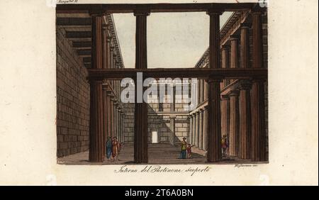 Vista dell'interno del Partenone, Atene, Grecia. Interno del Partenone scoperto. Incisione su palo color mano di Migliavacca da Giulio Ferrarios Costumi antichi e moderni dei popoli del mondo, il Costume Antico e moderno, Firenze, 1826. Foto Stock