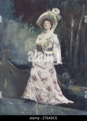 Mrs Maesmore Morris in Chance, The Idol, un dramma di gioco d'azzardo di Henry Arthur Jones, Wyndham's Theatre, 1902. Gertrude Maesmore Morris, attrice teatrale inglese che è salita alla fama in Australia, 1872-1952. Fotografia di Reginald Fellows Willson. Stampa a colori di un'illustrazione a colori basata su una fotografia monocromatica di George Newness Players of the Day, Londra, 1905. Foto Stock