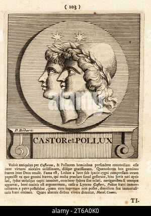 Castore e Polluce, fratellastri gemelli nella mitologia romana, Polideuchi nel mito greco, noti insieme come Dioscuri. Incisione su lastra di rame di Pieter Bodart (1676-1712) da Henricus Spoors Deorum et Heroum, Virorum et Mulierum Illustrium Imagines Antiquae Illustatae, Gods and Heroes, Men and Women, Illustrated with Antique Images, Petrum, Amsterdam, 1715. Pubblicato per la prima volta come Favissæ utriusque antiquitatis tam Romanæ quam Græcæ nel 1707. Henricus Spoor era un medico olandese, studioso classico, poeta e scrittore, fl. 1694-1716. Foto Stock