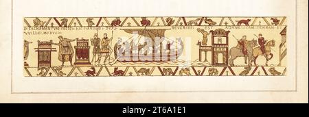 Harold Godwinson giura un giuramento su un altare e un reliquiario a Guglielmo duca di Normandia e ritorna in Inghilterra con una nave a vela. Cromolitografia di William Mossman, dopo un'illustrazione di Charles Stothard fatta per la Society of Antiquaries in Rev. John Collingwood Bruces l'arazzo di Bayeux elucidato, John Russell Smith, Londra, 1856. Foto Stock