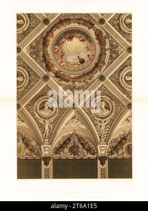 Affreschi del soffitto di Andrea Mantegna nella camera nuziale del Palazzo Ducale, Mantova, XV secolo. Castello di Corte camera degli Sposi, Mantegna, Mantova, XV Jahrh. Chromolithograph di Paul Klinka da Ernst Ewalds Farbige decorationen, Alter und Never Zeit (decorazione a colori, epoche antiche e nuove), Ernst Wasmuth, Berlino, 1896. Foto Stock