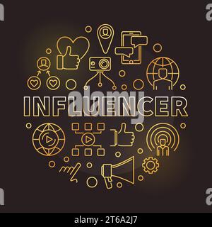 Influencer Vector round concept Golden Outline Illustration on dark background Illustrazione Vettoriale