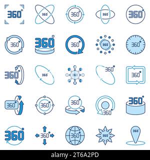 Collezione di icone colorate vettoriali a 360 gradi. Segni creativi o elementi di design a rotazione e angolo 360 Illustrazione Vettoriale
