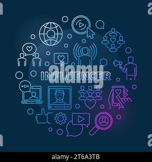 Concetto rotondo del vettore dell'influencer illustrazione colorata su sfondo scuro Illustrazione Vettoriale