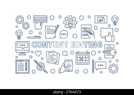 Illustrazione orizzontale del concetto vettoriale di modifica del contenuto in stile linea sottile Illustrazione Vettoriale
