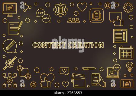 Creazione di contenuti concetto vettoriale dorato cornice a linee sottili o illustrazione su sfondo scuro Illustrazione Vettoriale