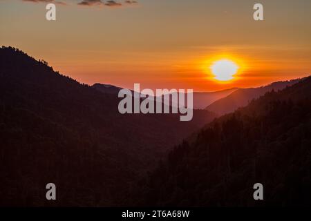 Vista dal Ben Morton Overlook sull'autostrada 441 Newfound Gap Road sul lato del Tennessee del Great Smoky Mountains National Park Foto Stock