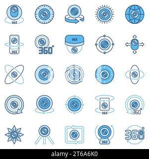 icone creative o elementi di design blu della fotocamera a 360 gradi su sfondo bianco Illustrazione Vettoriale
