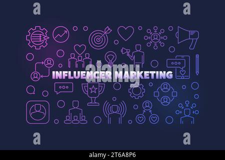 Influencer Marketing Vector Concept contorno colorato banner orizzontale o illustrazione Illustrazione Vettoriale