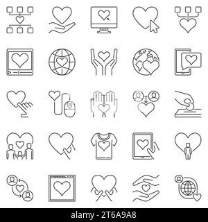 Set di icone per beneficenza e donazioni. Donazioni vettoriali e persone che supportano i simboli concettuali o gli elementi di progettazione Illustrazione Vettoriale