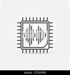 Processore Microchip con icona o simbolo del concetto vettoriale Sound Wave in linea sottile Illustrazione Vettoriale