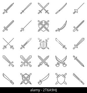Set di icone del concetto di contorno della spada. Spade incrociate, katana e simboli vettoriali di schermatura in stile linea sottile Illustrazione Vettoriale