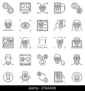Set di icone per il riconoscimento facciale e l'autenticazione. Simboli del concetto di tecnologia di deepfake vettoriale. Segni lineari di riconoscimento facciale e verifica Illustrazione Vettoriale