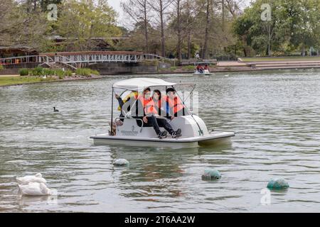 Giovane famiglia che pilotava una pedalò sul lago McGovern all'Hermann Park nel centro di Houston, Texas Foto Stock