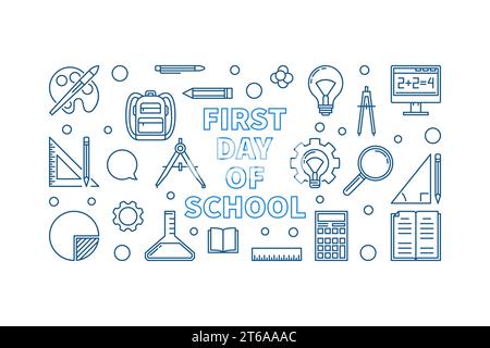 Banner orizzontale First Day of School Concept in linea sottile. Illustrazione vettoriale Illustrazione Vettoriale