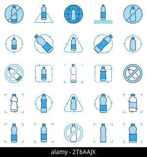 Set di icone moderne blu per riciclaggio bottiglie in plastica. Segnali del concetto di riciclaggio vettoriale Illustrazione Vettoriale