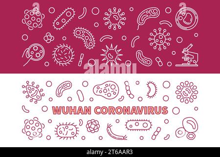 Set di striscioni orizzontali Vector Wuhan Coronavirus Concept con linee sottili Illustrazione Vettoriale