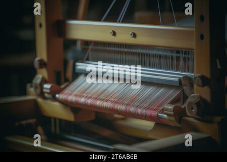 Questa immagine mostra gli intricati dettagli di un telaio a mano artigianale nel processo di tessitura di un tessuto. I toni caldi del legno incorniciano la vivace h Foto Stock