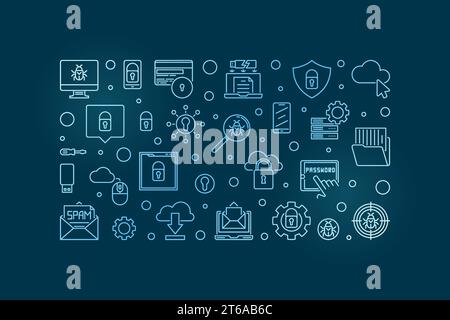Concetto di vettore di sicurezza informatica contorno blu banner orizzontale o illustrazione su sfondo scuro Illustrazione Vettoriale