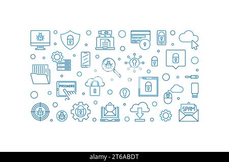 Concetto vettoriale di sicurezza informatica illustrazione orizzontale minima in stile linea sottile Illustrazione Vettoriale