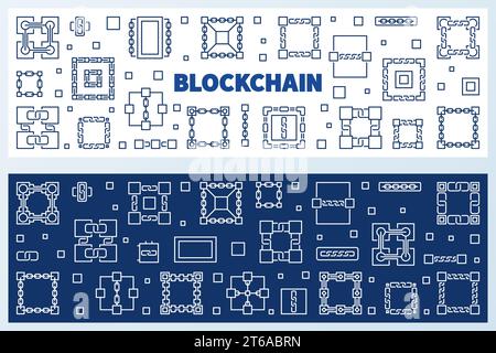 Banner orizzontali per il concetto di linea Block-Chain. Set di 2 illustrazioni vettoriali della tecnologia Blockchain Illustrazione Vettoriale