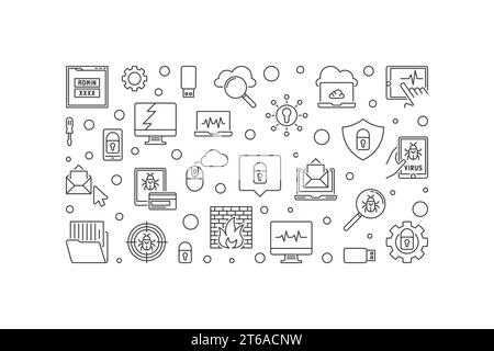 Computer virus vettore Cybersecurity Concept delinea striscione orizzontale minimo o illustrazione Illustrazione Vettoriale