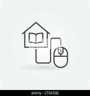 Casa con libro collegato con l'icona della linea del mouse del computer. Simbolo del concetto di Homeschooling Vector Illustrazione Vettoriale