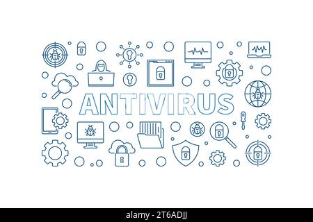 Il concetto di vettore antivirus delinea una semplice illustrazione orizzontale. Banner protezione virus computer su sfondo bianco Illustrazione Vettoriale
