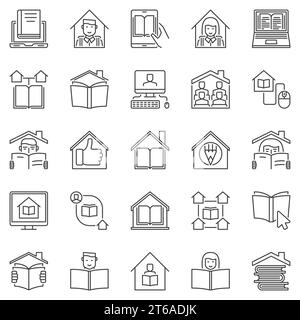 Set di icone per lo schema di Homeschooling. Simboli del concetto Vector Home Education e Stuarding at Home Online Illustrazione Vettoriale