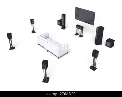 sistema di intrattenimento home theater su sfondo bianco. rendering 3d. Foto Stock