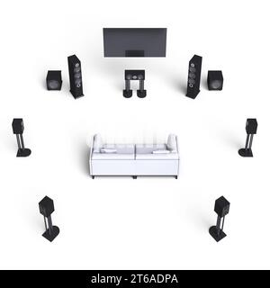 sistema di intrattenimento home theater e divano su sfondo bianco. rendering 3d. Foto Stock