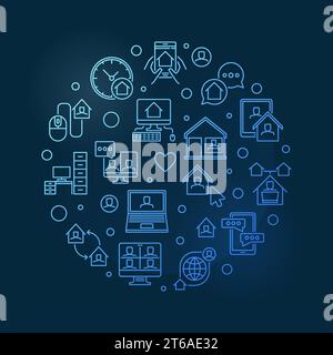 Illustrazione lineare circolare blu del concetto di vettore Work from Home su sfondo scuro Illustrazione Vettoriale
