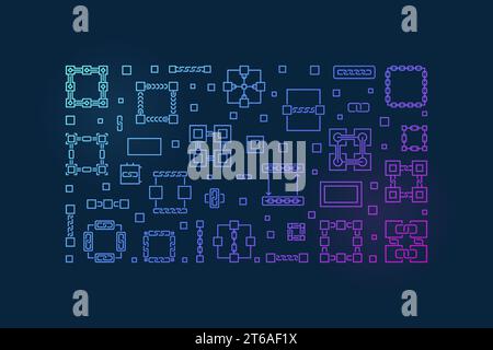 Banner o illustrazione colorata orizzontale del concetto Blockchain con icone a catena a blocchi su sfondo scuro Illustrazione Vettoriale