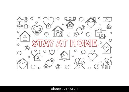 Banner orizzontale o illustrazione minimale per concetto vettoriale Stay at Home in stile contorno Illustrazione Vettoriale