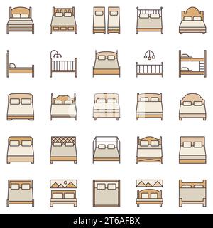 Raccolta di icone colorate per letto. Letti singoli e matrimoniali Vector con moderno set di simboli Illustrazione Vettoriale