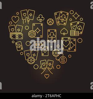 Illustrazione moderna del contorno dorato del cuore del poker su sfondo scuro Illustrazione Vettoriale