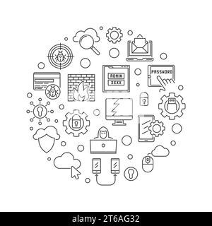 Vector hacker round Cybersecurity Concept delinea semplici illustrazioni o banner su sfondo bianco Illustrazione Vettoriale