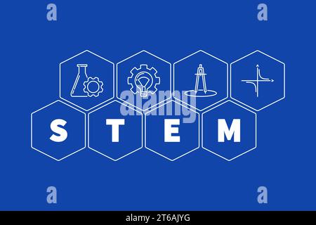 Scienza, tecnologia, ingegneria e matematica illustrazione esagonale del concetto vettoriale STEM su sfondo blu Illustrazione Vettoriale