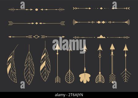 Imposta la linea di piume tribali dorate, la freccia nativa dell'etnia indiana in stile doodle su sfondo scuro. Elementi geometrici boho. Illustrazione vettoriale Illustrazione Vettoriale