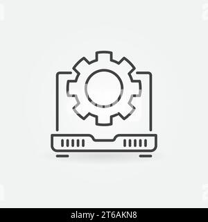 Icona del profilo del notebook con ruota dentata - simbolo del concetto di riparazione del computer vettoriale in linea sottile Illustrazione Vettoriale